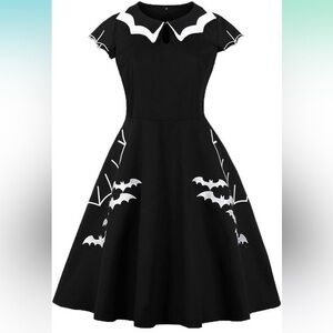 Women’s XXL Black Bat Spider Web Embroidery Halloween 1950’s Style Pin Up Dress